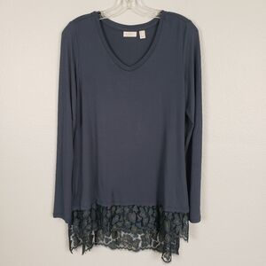 LOGO LORI GOLDSTEIN Leopard Lace Hem Long Line Top Navy Blue Sz S